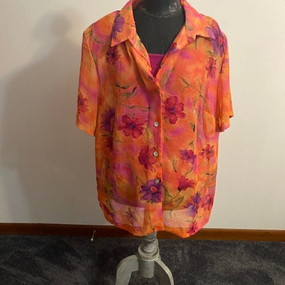 Lady Dorby Multicolored Floral sheer button-down top, size 20W
